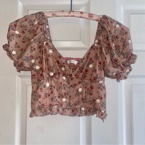 Altar'd State Mauve Floral Puff Sleeve Ruffle Blouse